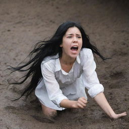 A terrified 14-year-old girl with long black hair and a white blouse plummeting down a dark, mud-lined pit.