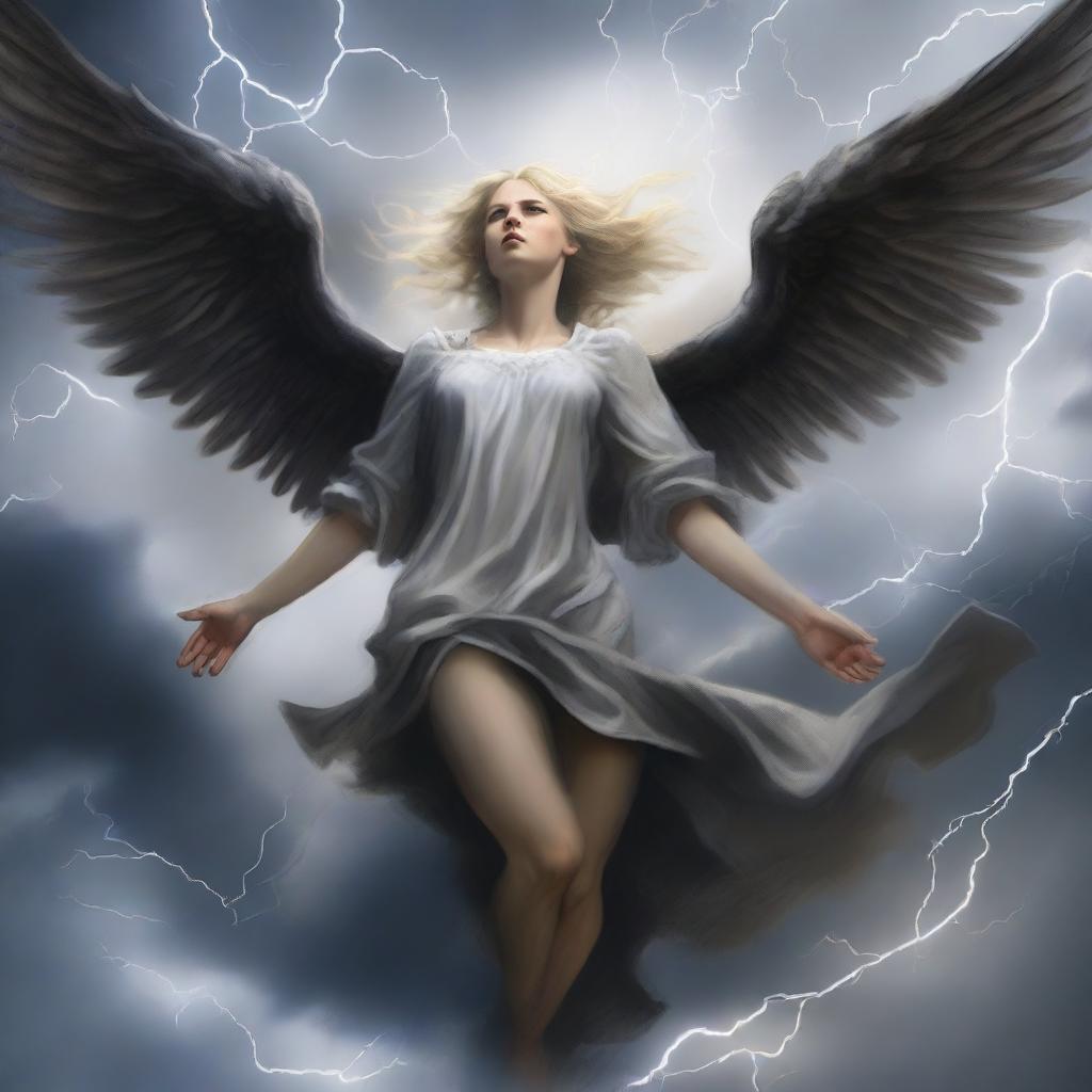 A dramatic scene of a female angel with blonde hair that is turning black as she falls from the sky