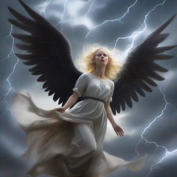 A dramatic scene of a female angel with blonde hair that is turning black as she falls from the sky