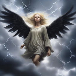 A dramatic scene of a female angel with blonde hair that is turning black as she falls from the sky