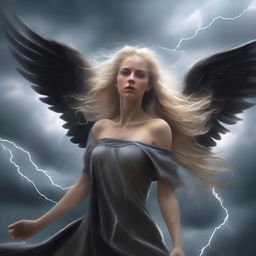 A dramatic scene of a female angel with blonde hair that is turning black as she falls from the sky