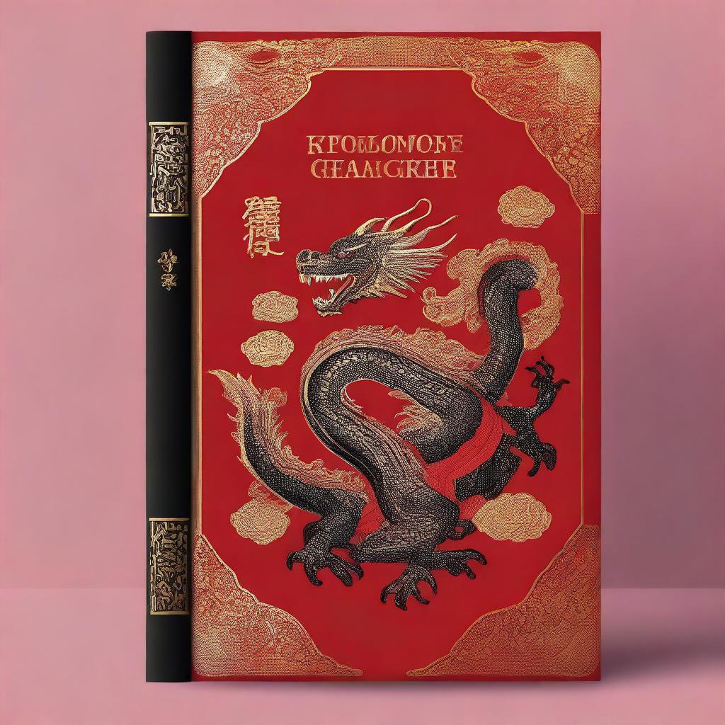 A book cover in A4 size featuring a black dragon with gold embroideries set against a rich red background