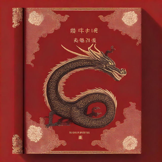 A book cover in A4 size featuring a black dragon with gold embroideries set against a rich red background