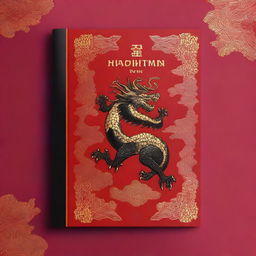 A book cover in A4 size featuring a black dragon with gold embroideries set against a rich red background