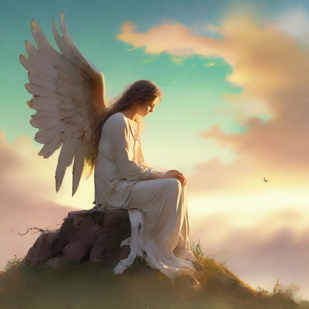 An angel sitting on a hill with tattered wings