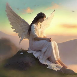 An angel sitting on a hill with tattered wings