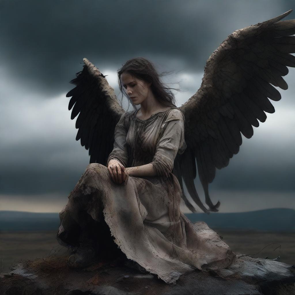 A female angel sitting on a hill with extremely damaged and tattered wings