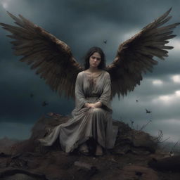 A female angel sitting on a hill with extremely damaged and tattered wings