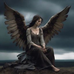 A female angel sitting on a hill with extremely damaged and tattered wings