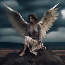 A female angel sitting on a hill with extremely damaged and tattered wings