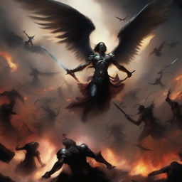 A dramatic scene depicting angels and humans fighting against demons