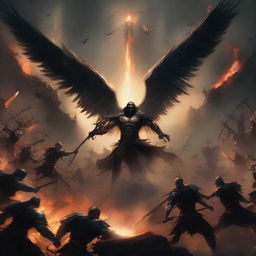 A dramatic scene depicting angels and humans fighting against demons