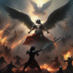 A dramatic scene depicting angels and humans fighting against demons