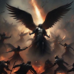 A dramatic scene depicting angels and humans fighting against demons