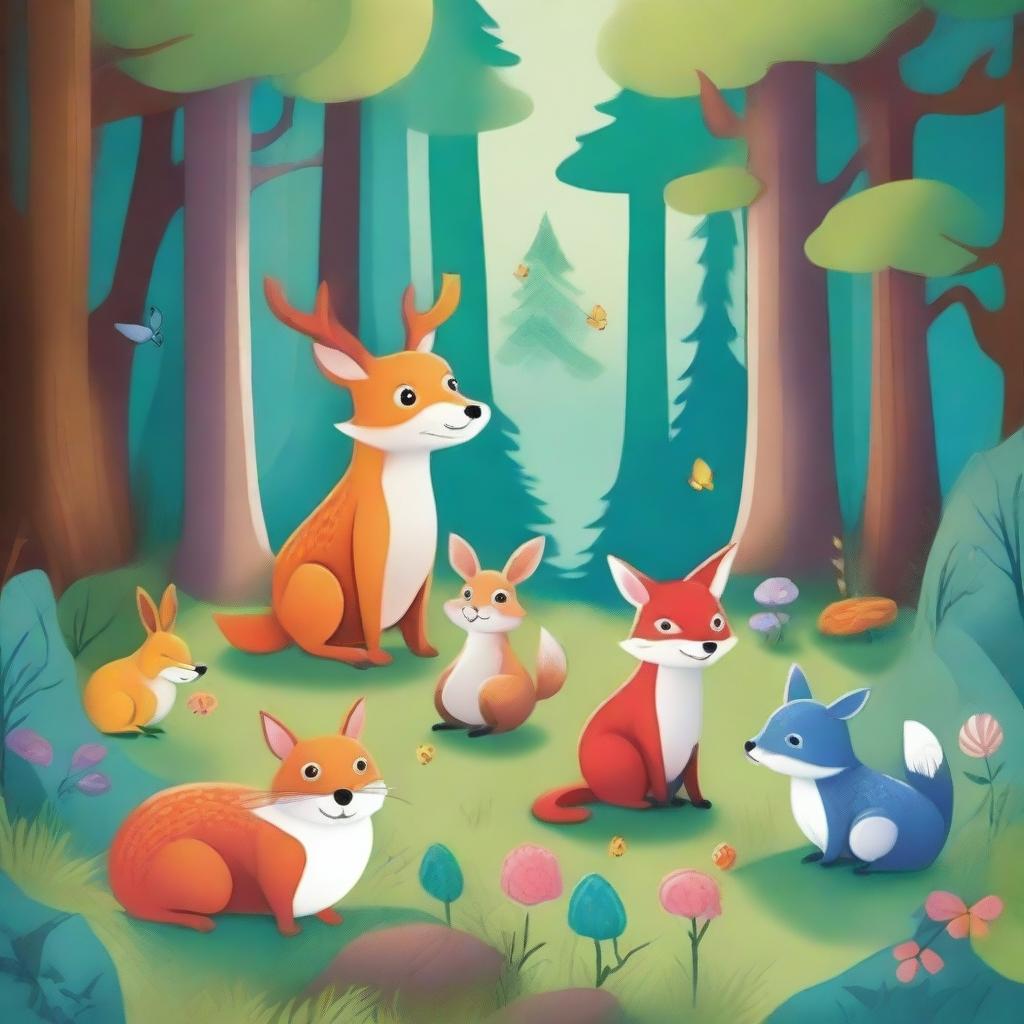 An enchanting illustration for a children's book, featuring a whimsical forest with friendly animals, magical creatures, and vibrant colors