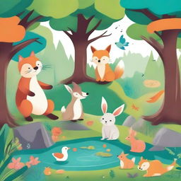 An enchanting illustration for a children's book, featuring a whimsical forest with friendly animals, magical creatures, and vibrant colors