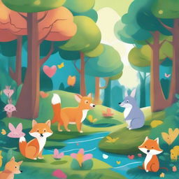 An enchanting illustration for a children's book, featuring a whimsical forest with friendly animals, magical creatures, and vibrant colors