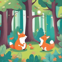 An enchanting illustration for a children's book, featuring a whimsical forest with friendly animals, magical creatures, and vibrant colors