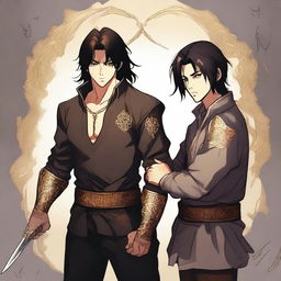 A man with dark brown hair and eyes protecting his younger brother, who shares the same features