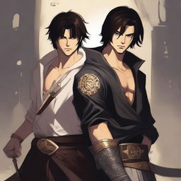 A man with dark brown hair and eyes protecting his younger brother, who shares the same features