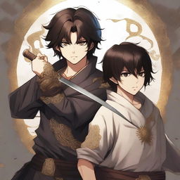 A man with dark brown hair and eyes protecting his younger brother, who shares the same features