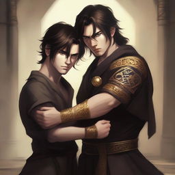 A realistic image of a man with dark brown hair and eyes protecting his younger brother, who shares the same features