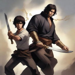 A realistic image of a man with dark brown hair and eyes protecting his younger brother, who shares the same features