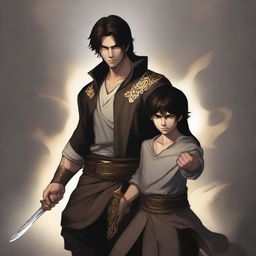 A realistic image of a man with dark brown hair and eyes protecting his younger brother, who shares the same features