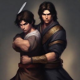 A realistic image of a man with dark brown hair and eyes protecting his younger brother, who shares the same features