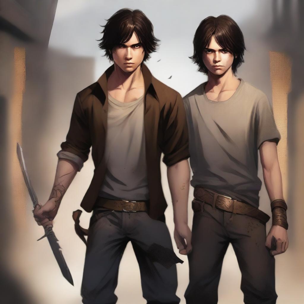 A realistic image of a man with dark brown hair and eyes protecting his younger brother, who shares the same features