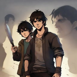 A realistic image of a man with dark brown hair and eyes protecting his younger brother, who shares the same features