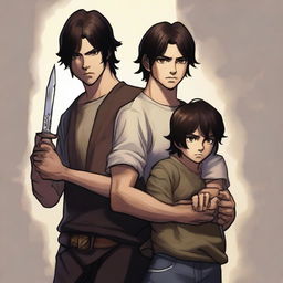 A realistic image of a man with dark brown hair and eyes protecting his younger brother, who shares the same features