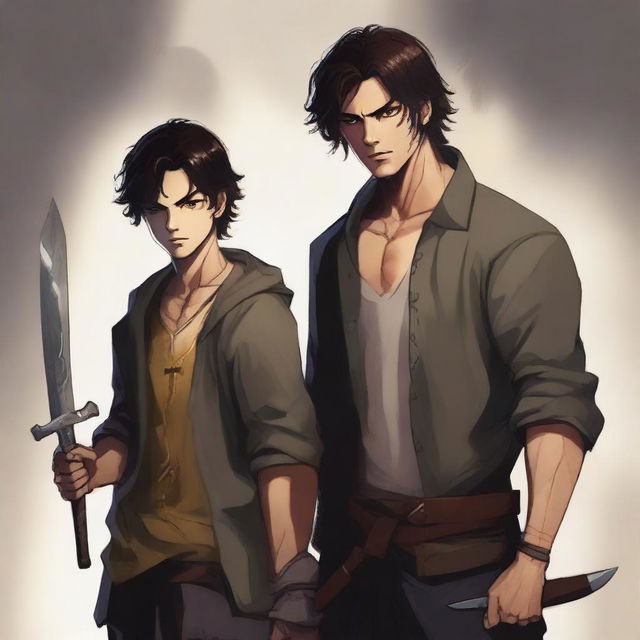 A realistic image of a man with dark brown hair and eyes protecting his younger brother, who shares the same features