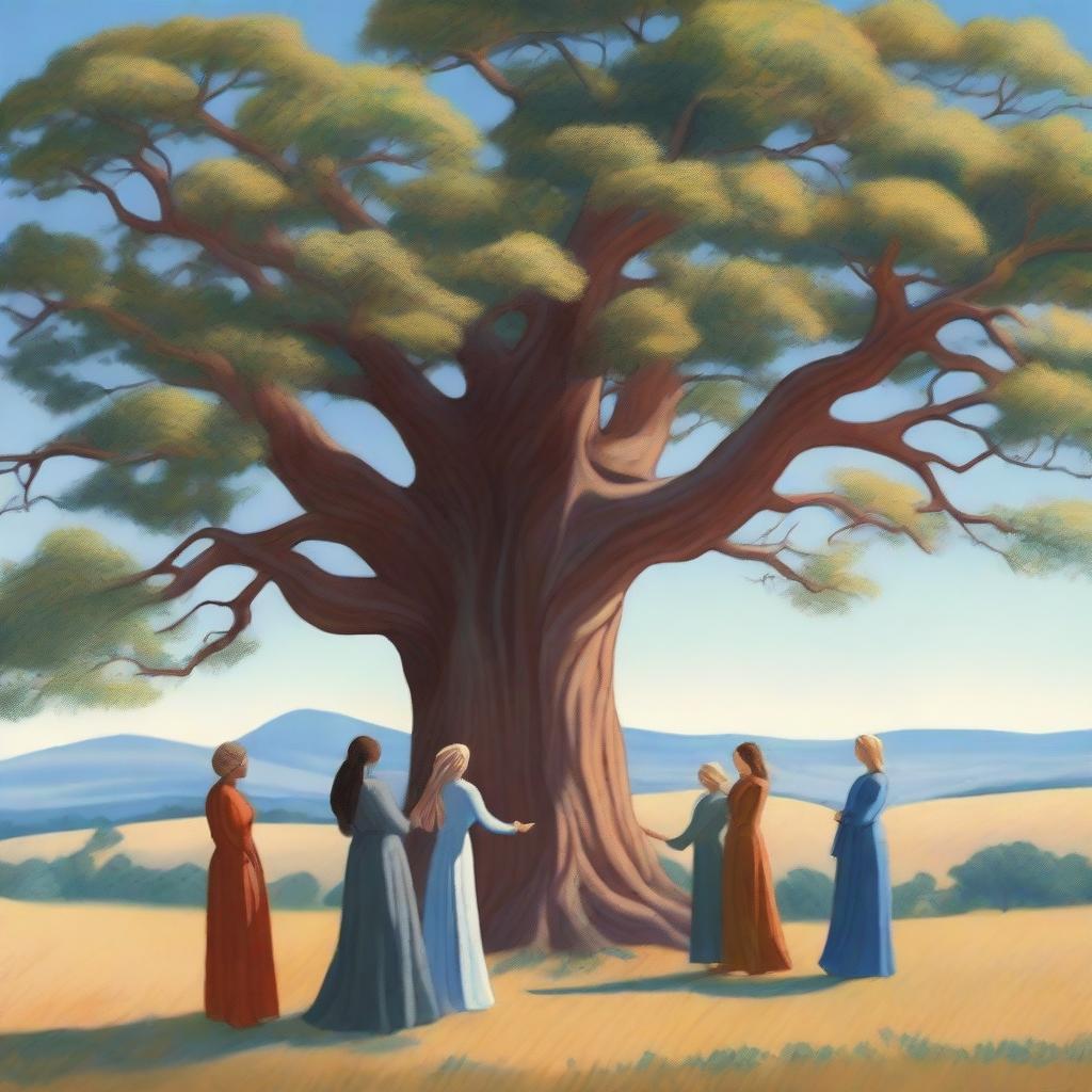 A group of women standing around a large, majestic tree