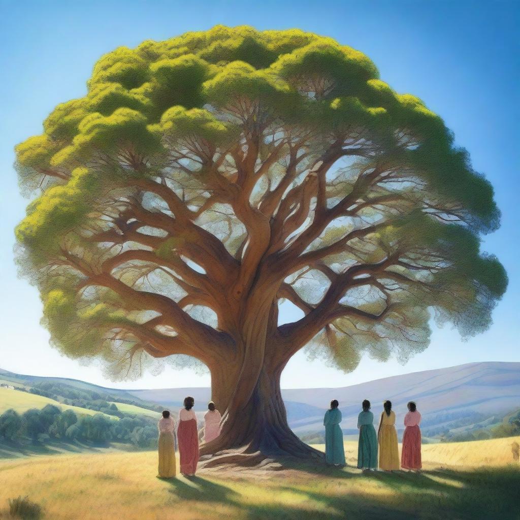 A group of women standing around a large, majestic tree