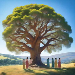 A group of women standing around a large, majestic tree