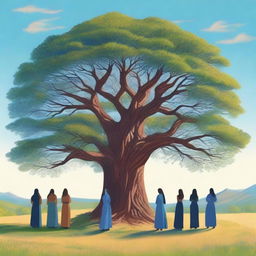 A group of women standing around a large, majestic tree