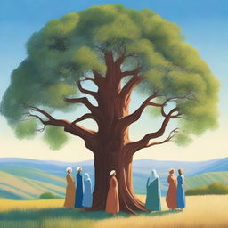 A group of women standing around a large, majestic tree