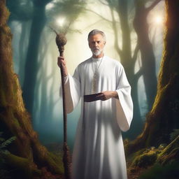 A satyr priest dressed in a white cassock, standing in a mystical forest