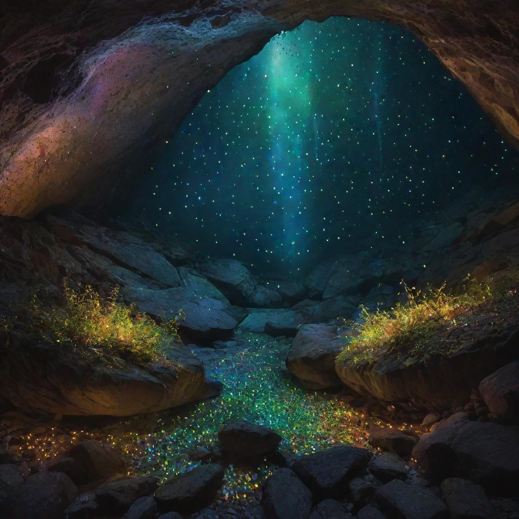 A mesmerizing view of multitudes of fireflies glowing amidst a radiant, diamond encrusted cave, showcasing a beautiful spectrum of colors.