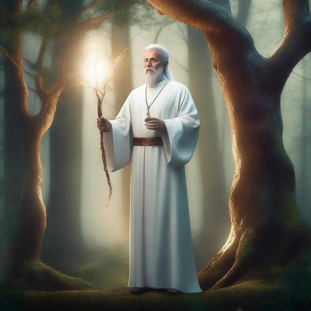 A satyr priest dressed in a white cassock, standing in a mystical forest