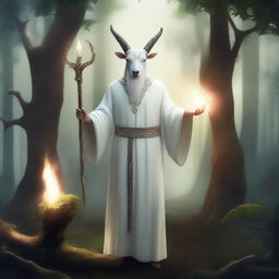 A satyr priest dressed in a white cassock, standing in a mystical forest