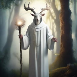 A satyr priest dressed in a white cassock, standing in a mystical forest