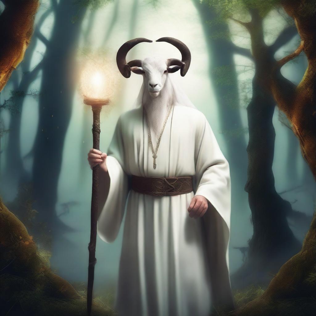 A satyr priest dressed in a white cassock, standing in a mystical forest