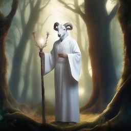 A satyr priest dressed in a white cassock, standing in a mystical forest