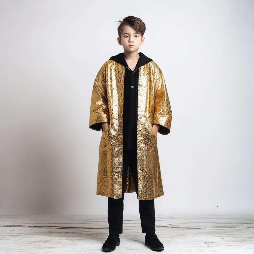 A young boy dressed in a golden robe paired with black gothic-style jeans, standing against a plain white background