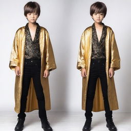 A young boy dressed in a golden robe paired with black gothic-style jeans, standing against a plain white background