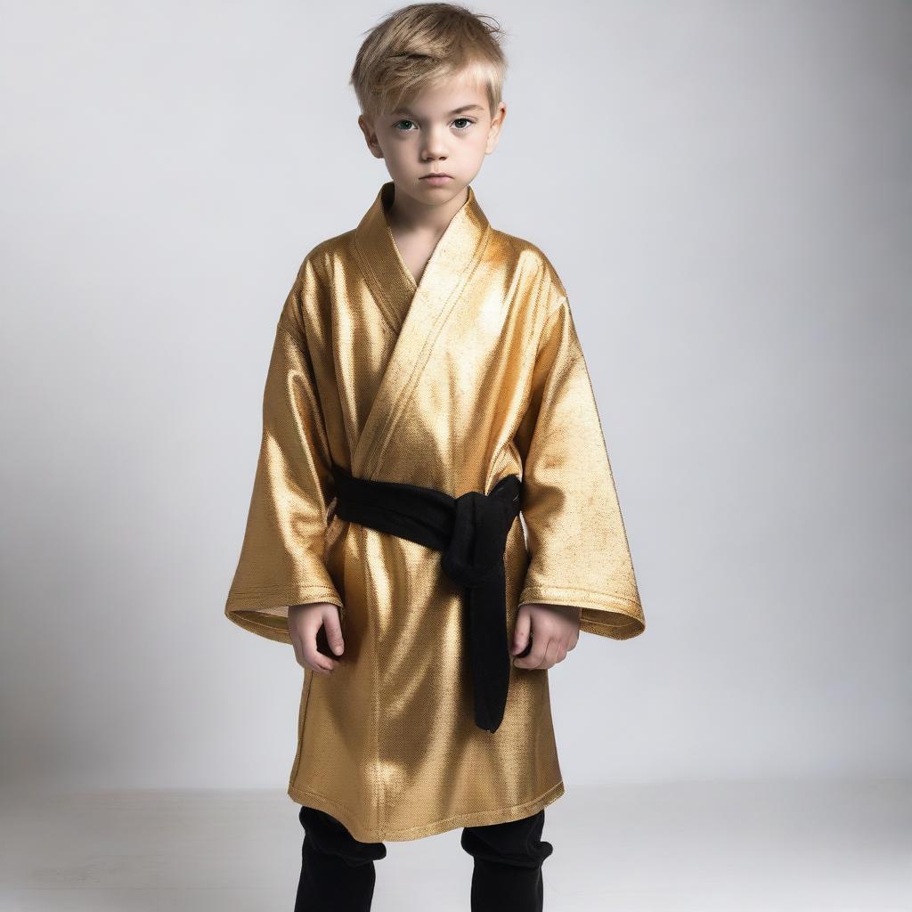 A young boy dressed in a golden robe paired with black gothic-style jeans, standing against a plain white background