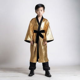 A young boy dressed in a golden robe paired with black gothic-style jeans, standing against a plain white background