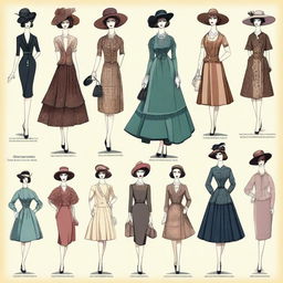 A detailed illustration showcasing the evolution of fashion history, depicting iconic styles from different eras such as the Victorian era, the Roaring Twenties, the 1960s, and contemporary fashion